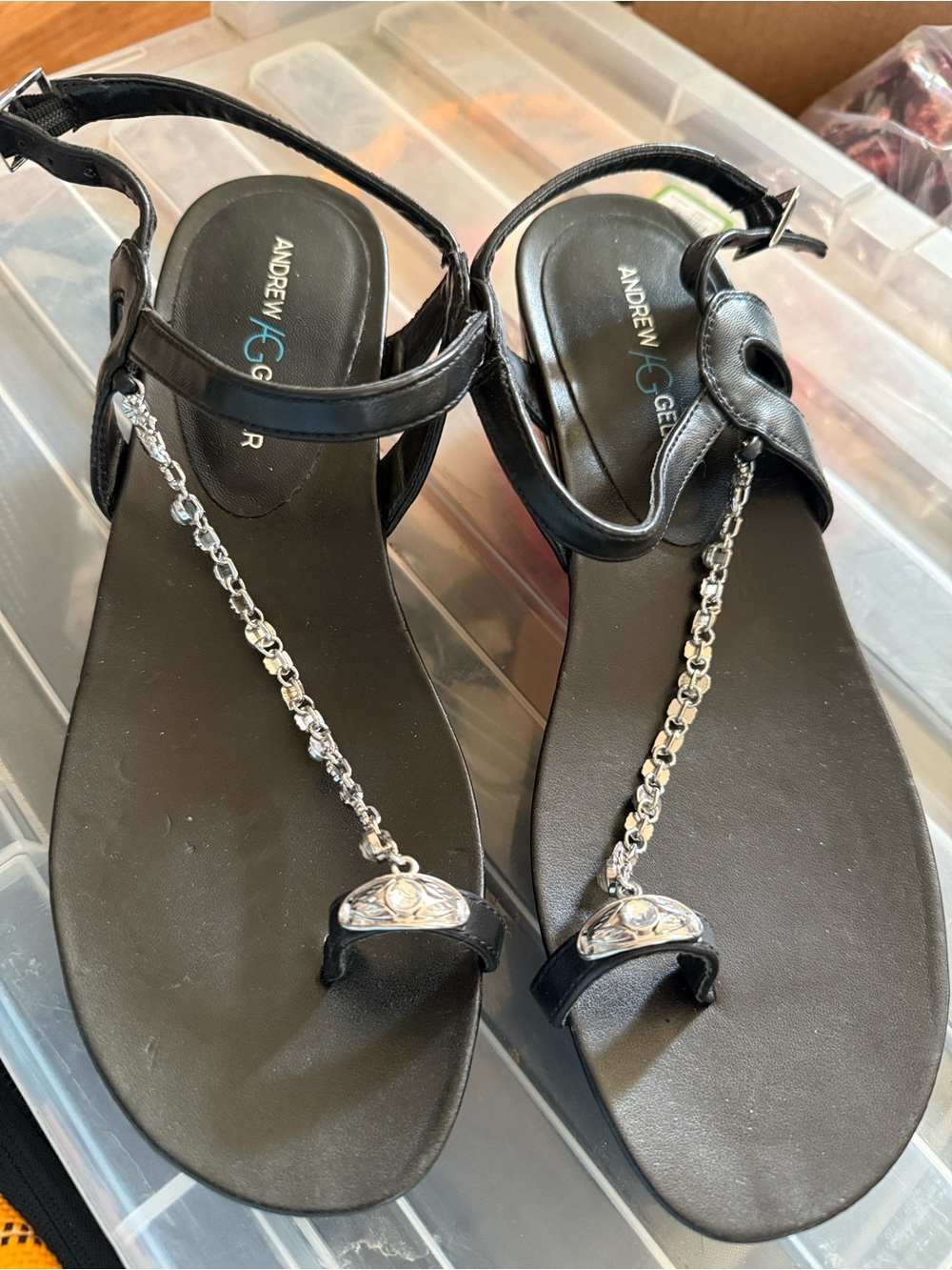 Andrew Geller Black T-Strap Sandals with Silver Chain and Jewel Accent